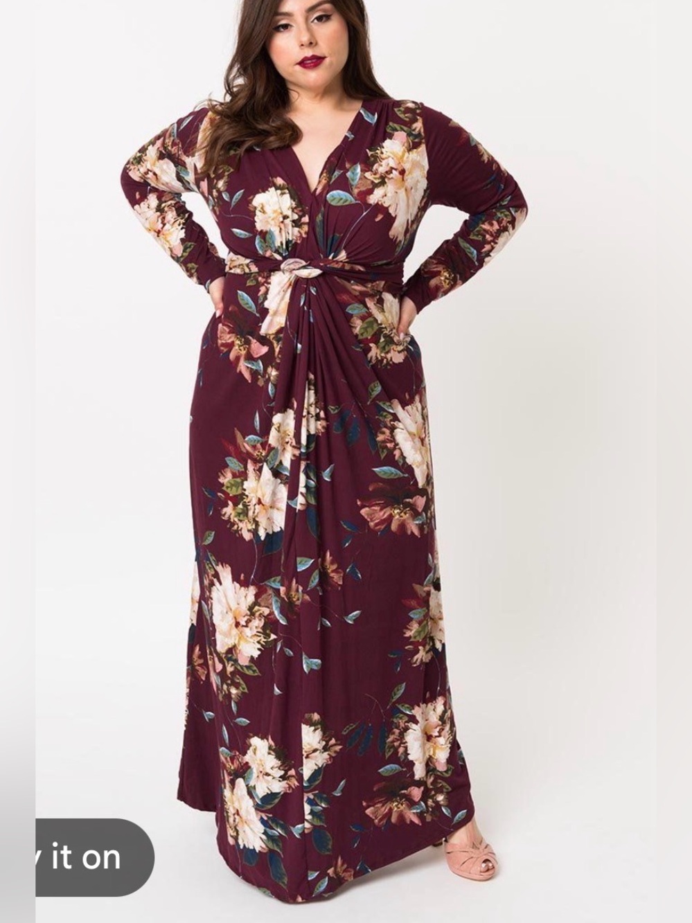 Sweet Lovely by Jen Womens Floral Knot-Front Maxi Dress in Burgundy